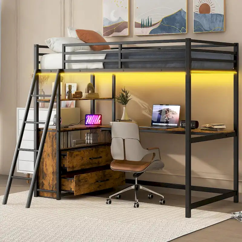 Twin Size Metal Wood Loft Bed with Desk and Shelves, Two Built-in Drawers, LED Light and USB Charging Station
