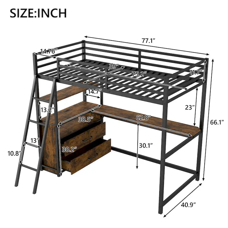 Twin Size Metal Wood Loft Bed with Desk and Shelves, Two Built-in Drawers, LED Light and USB Charging Station