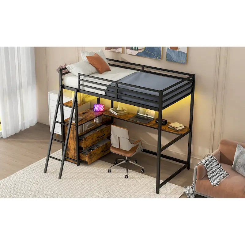 Twin Size Metal Wood Loft Bed with Desk and Shelves, Two Built-in Drawers, LED Light and USB Charging Station
