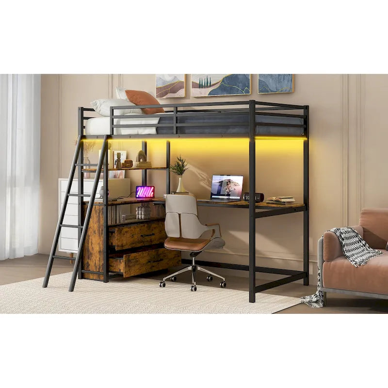 Twin Size Metal Wood Loft Bed with Desk and Shelves, Two Built-in Drawers, LED Light and USB Charging Station