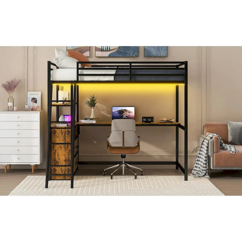 Twin Size Metal Wood Loft Bed with Desk and Shelves, Two Built-in Drawers, LED Light and USB Charging Station
