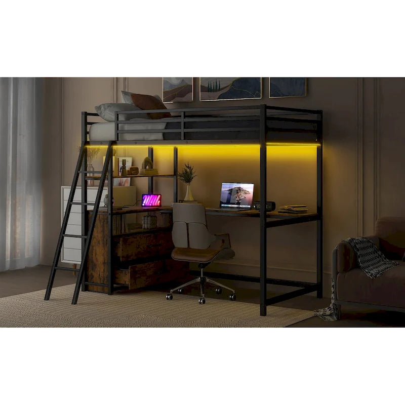 Twin Size Metal Wood Loft Bed with Desk and Shelves, Two Built-in Drawers, LED Light and USB Charging Station