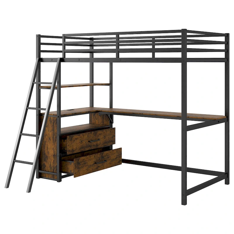 Twin Size Metal Wood Loft Bed with Desk and Shelves, Two Built-in Drawers, LED Light and USB Charging Station