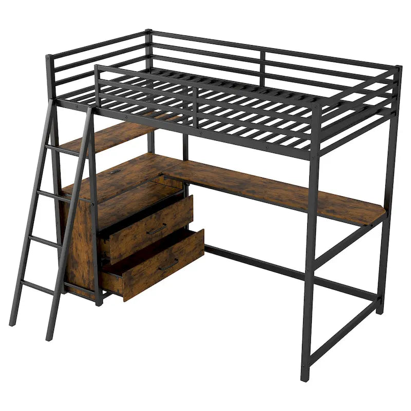 Twin Size Metal Wood Loft Bed with Desk and Shelves, Two Built-in Drawers, LED Light and USB Charging Station