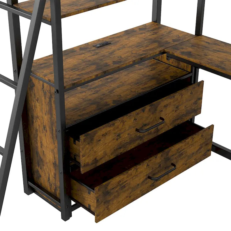 Twin Size Metal Wood Loft Bed with Desk and Shelves, Two Built-in Drawers, LED Light and USB Charging Station