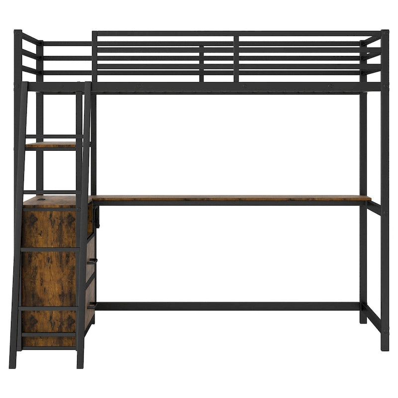 Twin Size Metal Wood Loft Bed with Desk and Shelves, Two Built-in Drawers, LED Light and USB Charging Station