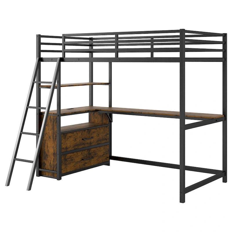 Twin Size Metal Wood Loft Bed with Desk and Shelves, Two Built-in Drawers, LED Light and USB Charging Station
