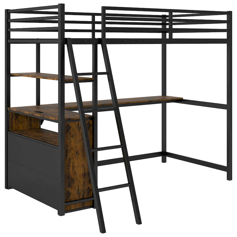 Twin Size Metal Wood Loft Bed with Desk and Shelves, Two Built-in Drawers, LED Light and USB Charging Station