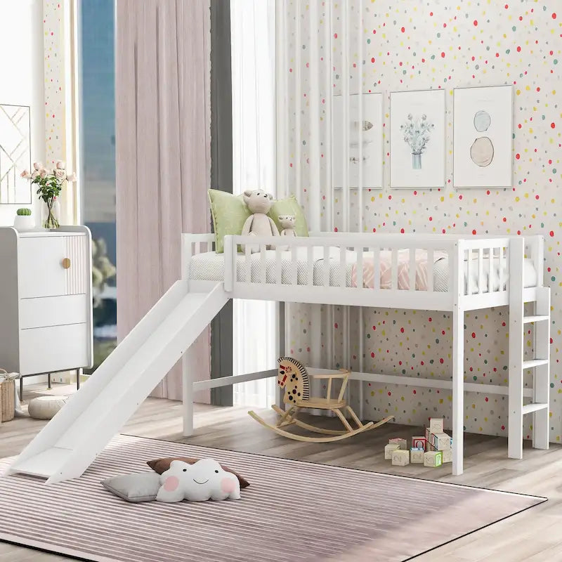 Twin Size Wood Low Loft Bed with Slide