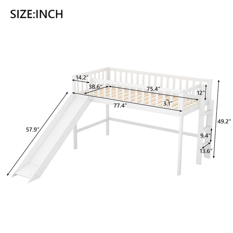 Twin Size Wood Low Loft Bed with Slide