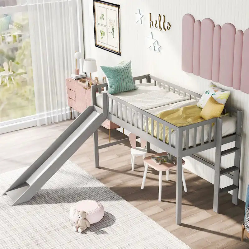 Twin Size Wood Low Loft Bed with Slide