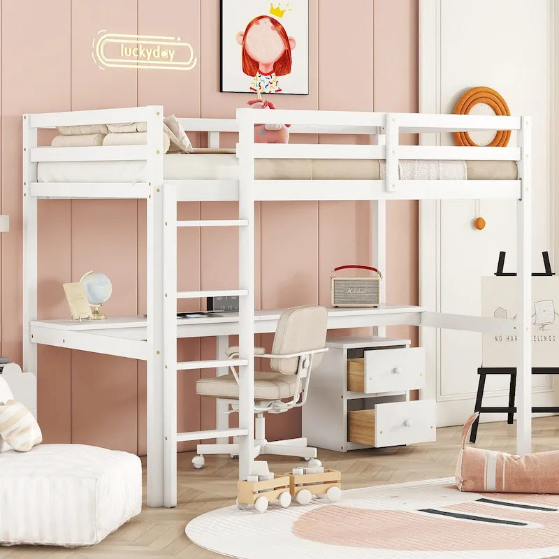 Twin Size Wood Loft Wood Bed with Under-bed, Built-in Desk, a Storage Cabinet of 2 Drawers, Guardrails and Ladder