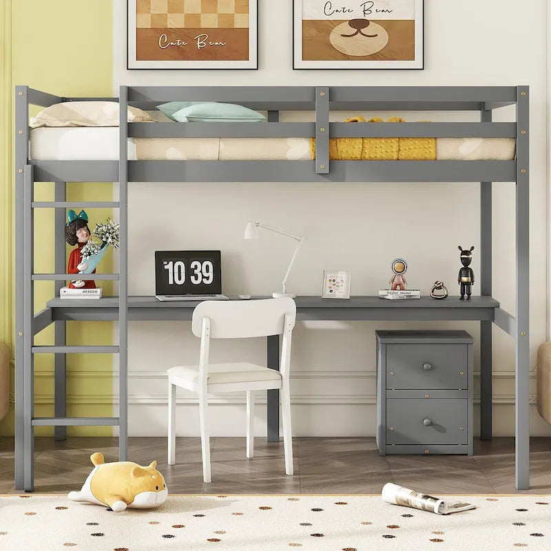 Twin Size Wood Loft Wood Bed with Under-bed, Built-in Desk, a Storage Cabinet of 2 Drawers, Guardrails and Ladder