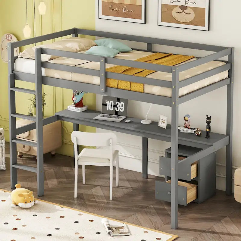 Twin Size Wood Loft Wood Bed with Under-bed, Built-in Desk, a Storage Cabinet of 2 Drawers, Guardrails and Ladder