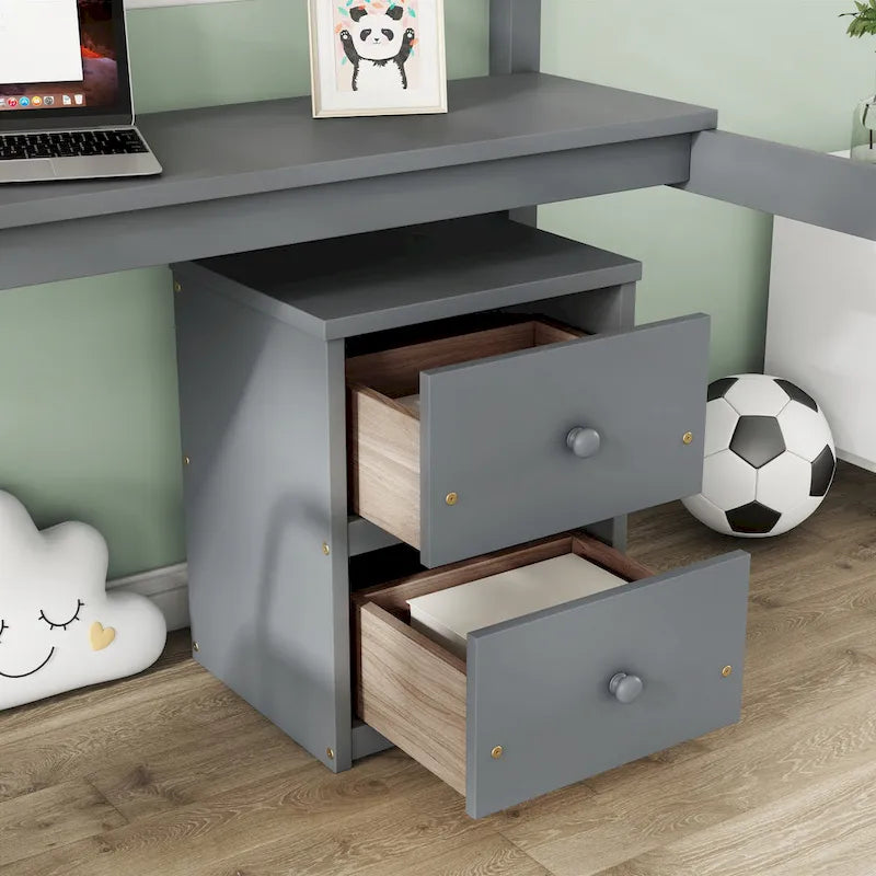Twin Size Wood Loft Wood Bed with Under-bed, Built-in Desk, a Storage Cabinet of 2 Drawers, Guardrails and Ladder