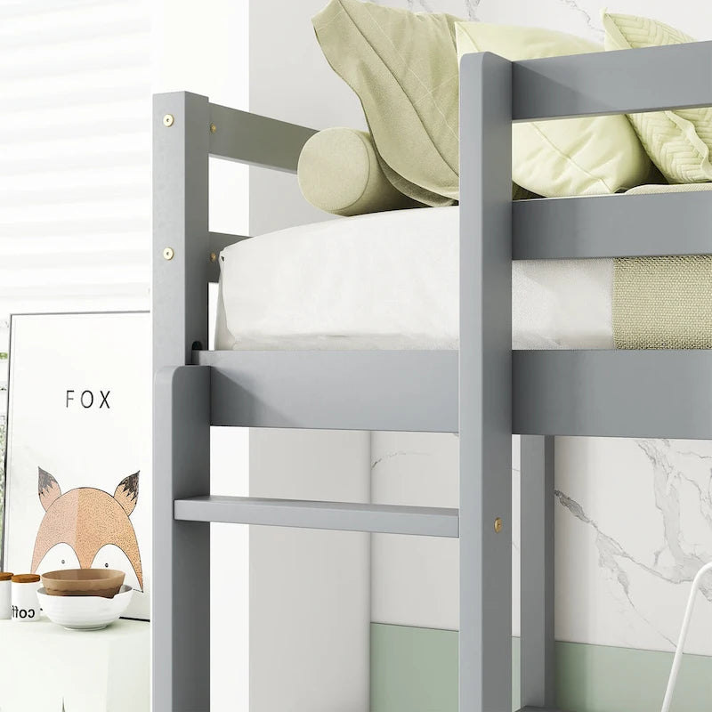 Twin Size Wood Loft Wood Bed with Under-bed, Built-in Desk, a Storage Cabinet of 2 Drawers, Guardrails and Ladder