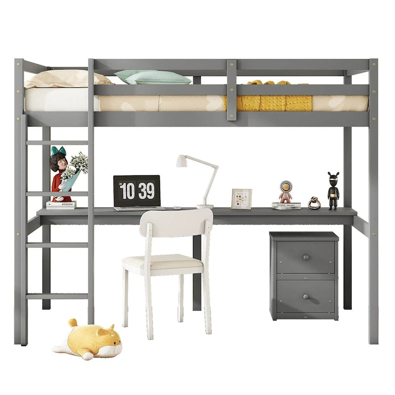 Twin Size Wood Loft Wood Bed with Under-bed, Built-in Desk, a Storage Cabinet of 2 Drawers, Guardrails and Ladder