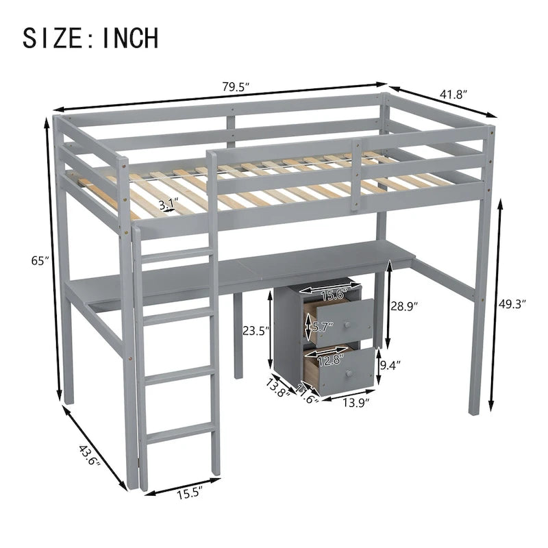 Twin Size Wood Loft Wood Bed with Under-bed, Built-in Desk, a Storage Cabinet of 2 Drawers, Guardrails and Ladder
