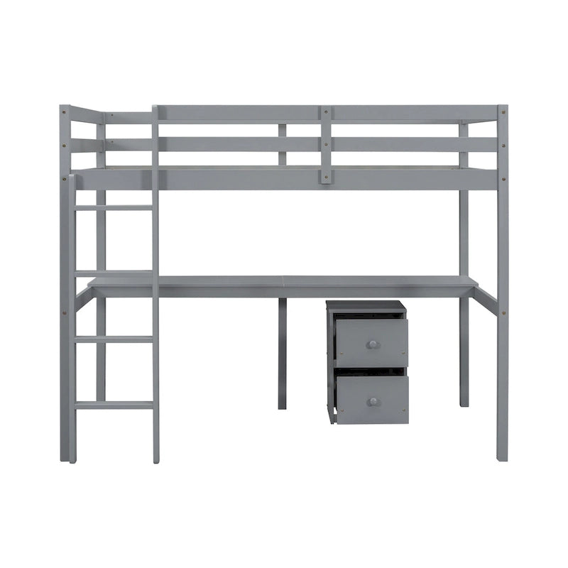 Twin Size Wood Loft Wood Bed with Under-bed, Built-in Desk, a Storage Cabinet of 2 Drawers, Guardrails and Ladder