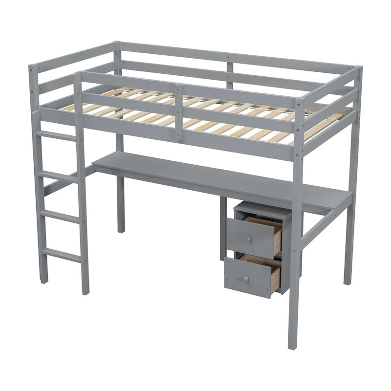 Twin Size Wood Loft Wood Bed with Under-bed, Built-in Desk, a Storage Cabinet of 2 Drawers, Guardrails and Ladder