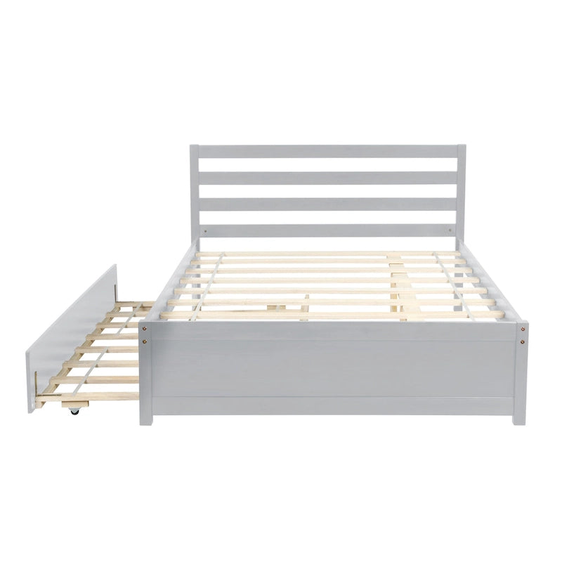 Grey Pine Platform Bed Frame with Headboard and Trundle - Full Size, No Box Spring Needed