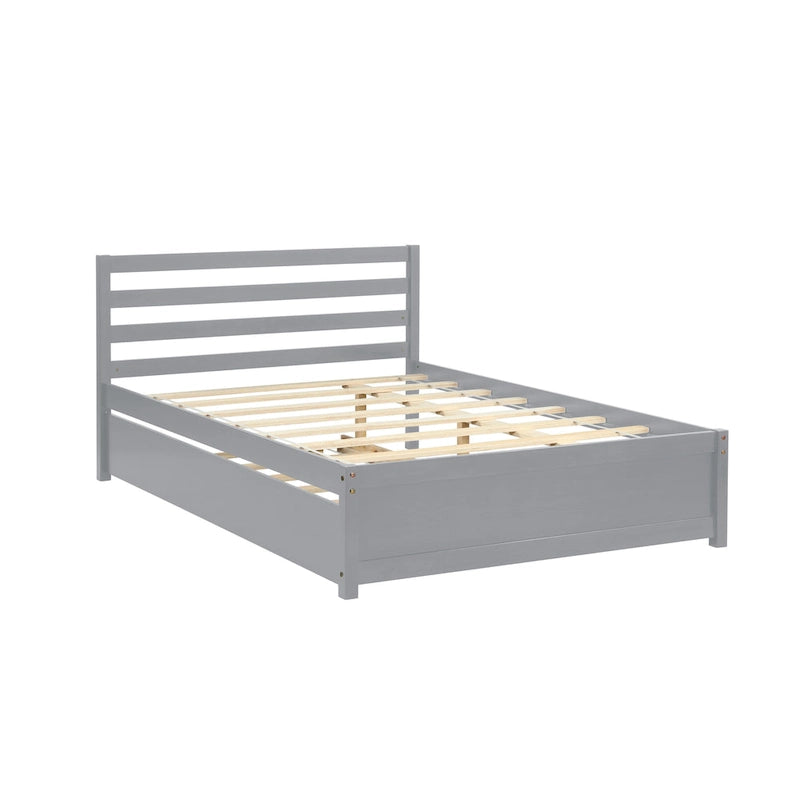 Grey Pine Platform Bed Frame with Headboard and Trundle - Full Size, No Box Spring Needed