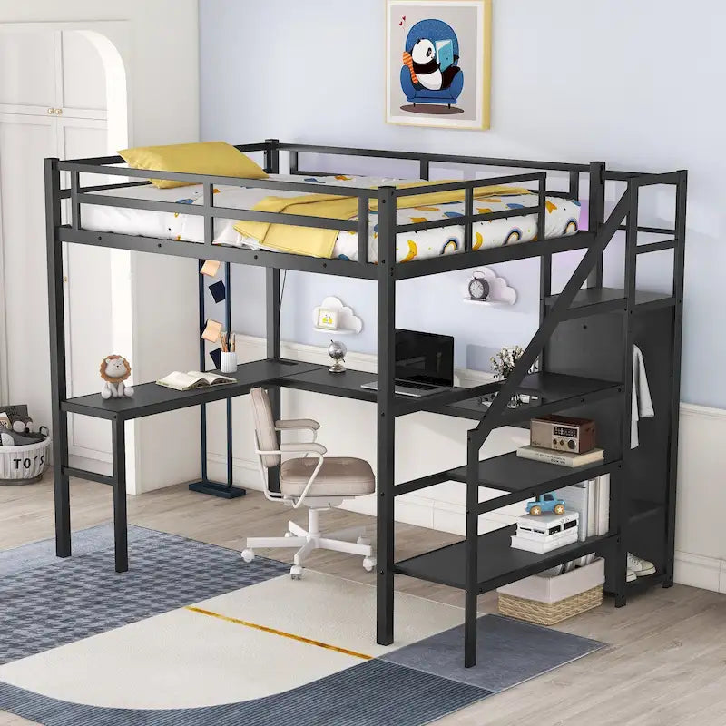Black Full Size Metal Loft Bed with High Loft, LED, and Adjustable Shelf