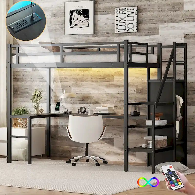 Black Twin XL Size Metal Loft Bed with L-shaped Desk, USB, Wardrobe, and Adjustable Shelf