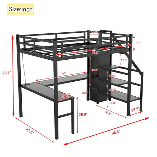 Black Twin XL Size Metal Loft Bed with L-shaped Desk, USB, Wardrobe, and Adjustable Shelf