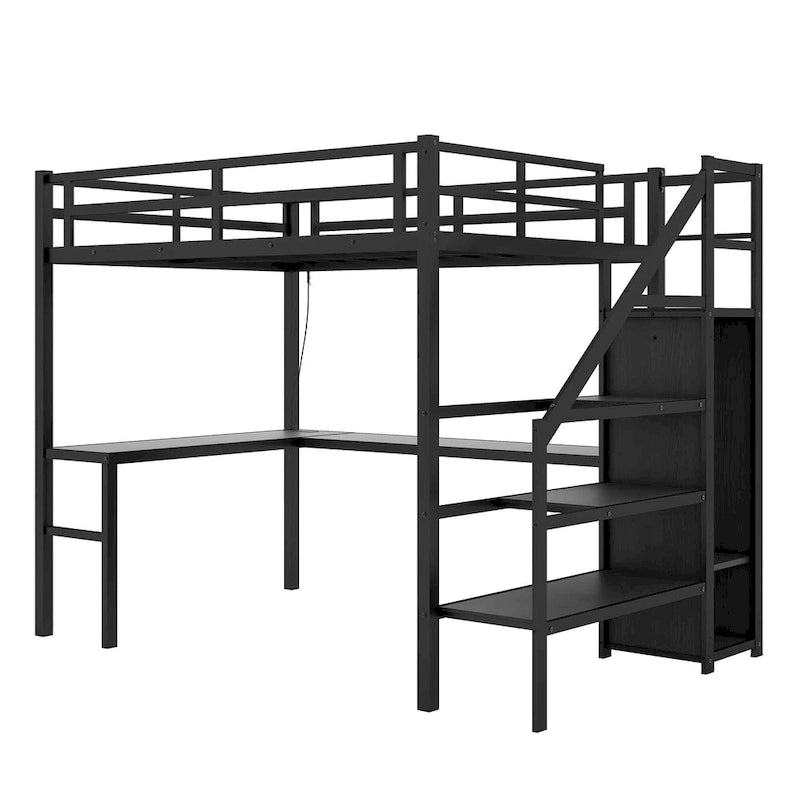 Black Twin XL Size Metal Loft Bed with L-shaped Desk, USB, Wardrobe, and Adjustable Shelf