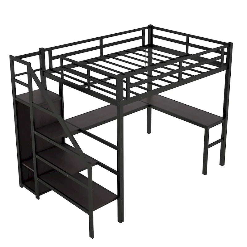 Black Twin XL Size Metal Loft Bed with L-shaped Desk, USB, Wardrobe, and Adjustable Shelf