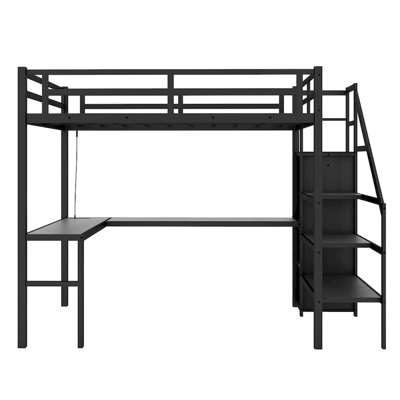 Black Twin XL Size Metal Loft Bed with L-shaped Desk, USB, Wardrobe, and Adjustable Shelf