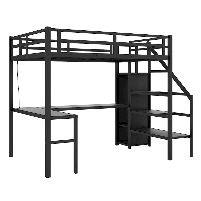 Black Twin XL Size Metal Loft Bed with L-shaped Desk, USB, Wardrobe, and Adjustable Shelf