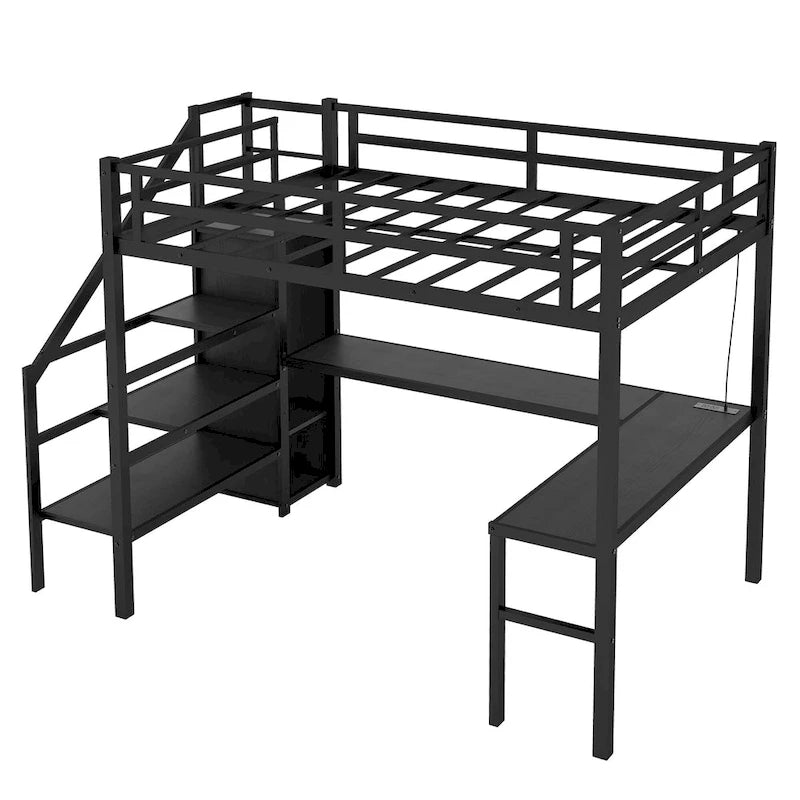 Black Twin XL Size Metal Loft Bed with L-shaped Desk, USB, Wardrobe, and Adjustable Shelf