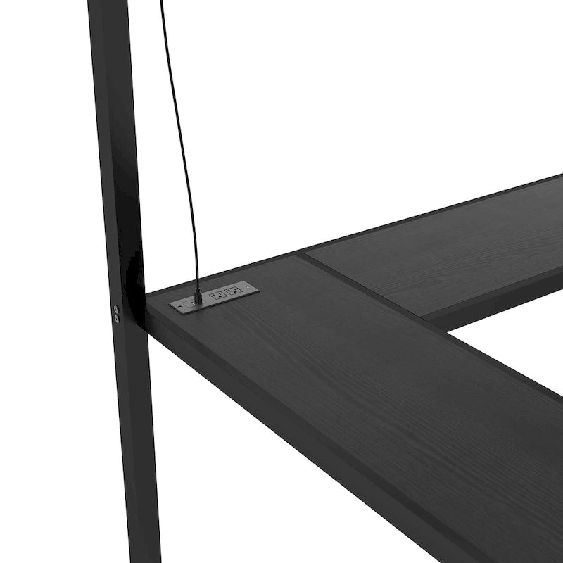 Black Twin XL Size Metal Loft Bed with L-shaped Desk, USB, Wardrobe, and Adjustable Shelf