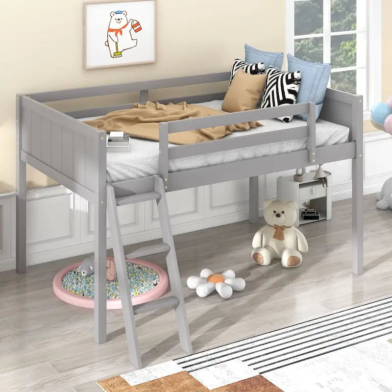 Gray Twin Size Solid Wood Low Loft Bed with Ladder and Fence Baffle, and Wood Slats Support for Bedroom