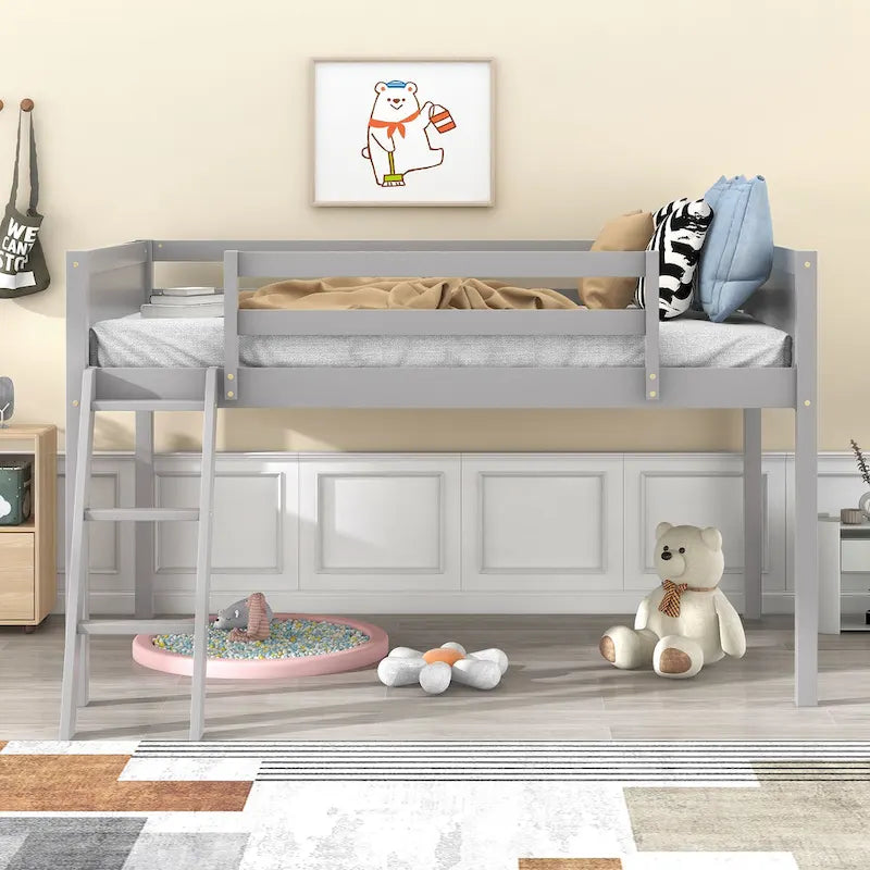 Gray Twin Size Solid Wood Low Loft Bed with Ladder and Fence Baffle, and Wood Slats Support for Bedroom