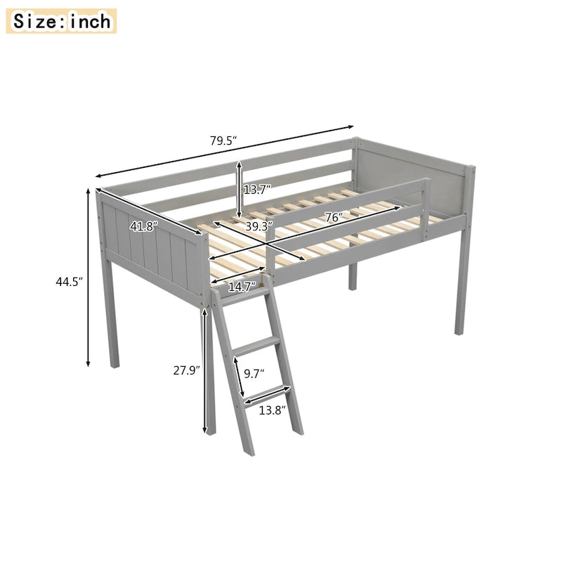 Gray Twin Size Solid Wood Low Loft Bed with Ladder and Fence Baffle, and Wood Slats Support for Bedroom