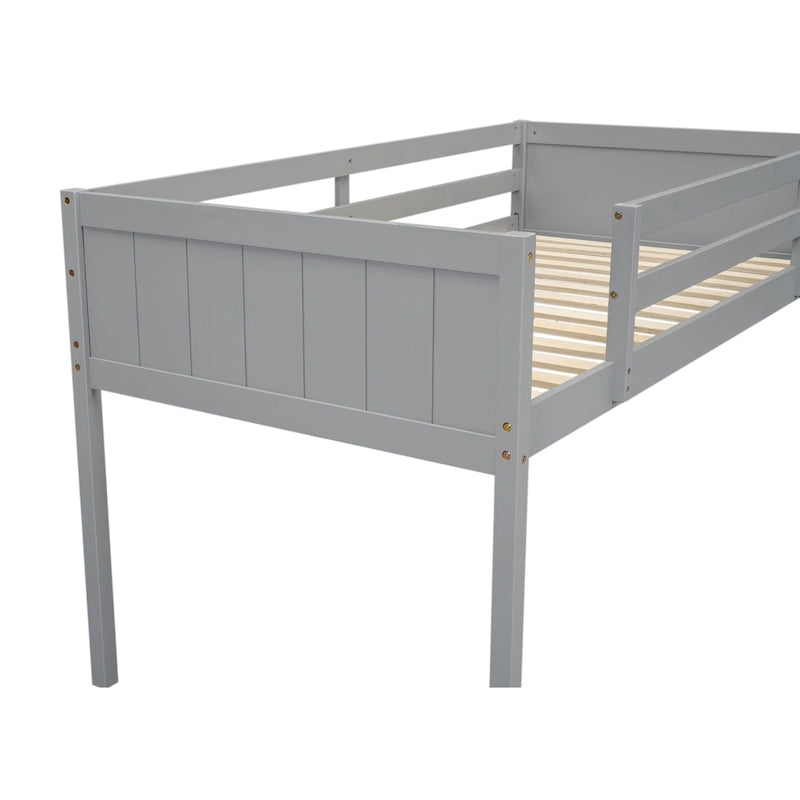 Gray Twin Size Solid Wood Low Loft Bed with Ladder and Fence Baffle, and Wood Slats Support for Bedroom