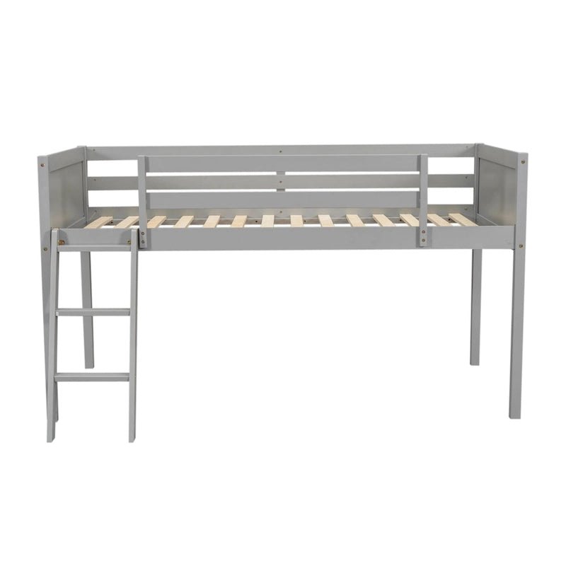 Gray Twin Size Solid Wood Low Loft Bed with Ladder and Fence Baffle, and Wood Slats Support for Bedroom