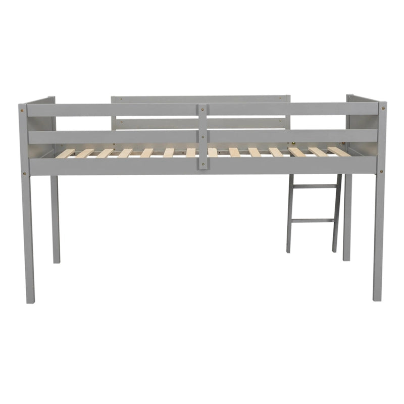 Gray Twin Size Solid Wood Low Loft Bed with Ladder and Fence Baffle, and Wood Slats Support for Bedroom