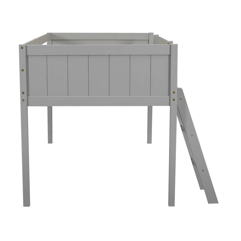 Gray Twin Size Solid Wood Low Loft Bed with Ladder and Fence Baffle, and Wood Slats Support for Bedroom
