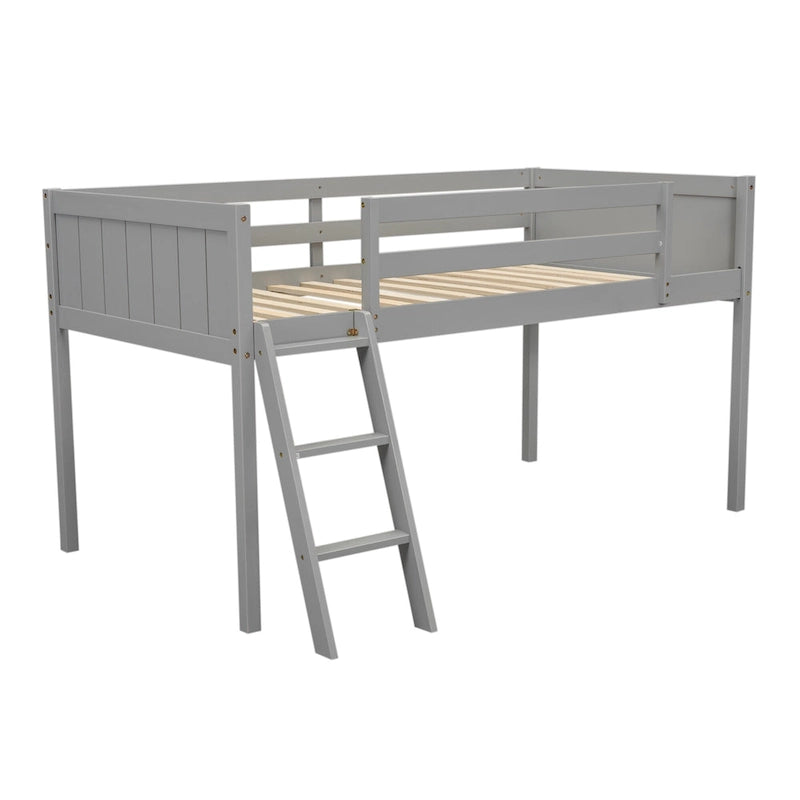 Gray Twin Size Solid Wood Low Loft Bed with Ladder and Fence Baffle, and Wood Slats Support for Bedroom
