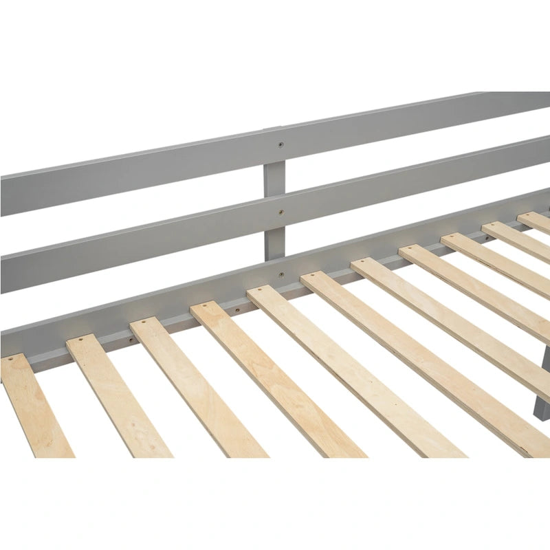 Gray Twin Size Solid Wood Low Loft Bed with Ladder and Fence Baffle, and Wood Slats Support for Bedroom