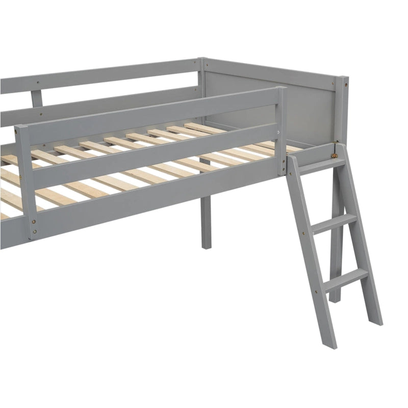 Gray Twin Size Solid Wood Low Loft Bed with Ladder and Fence Baffle, and Wood Slats Support for Bedroom