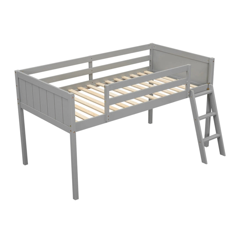 Gray Twin Size Solid Wood Low Loft Bed with Ladder and Fence Baffle, and Wood Slats Support for Bedroom