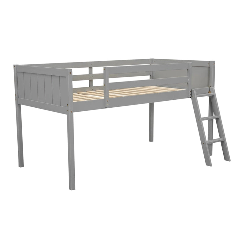 Gray Twin Size Solid Wood Low Loft Bed with Ladder and Fence Baffle, and Wood Slats Support for Bedroom