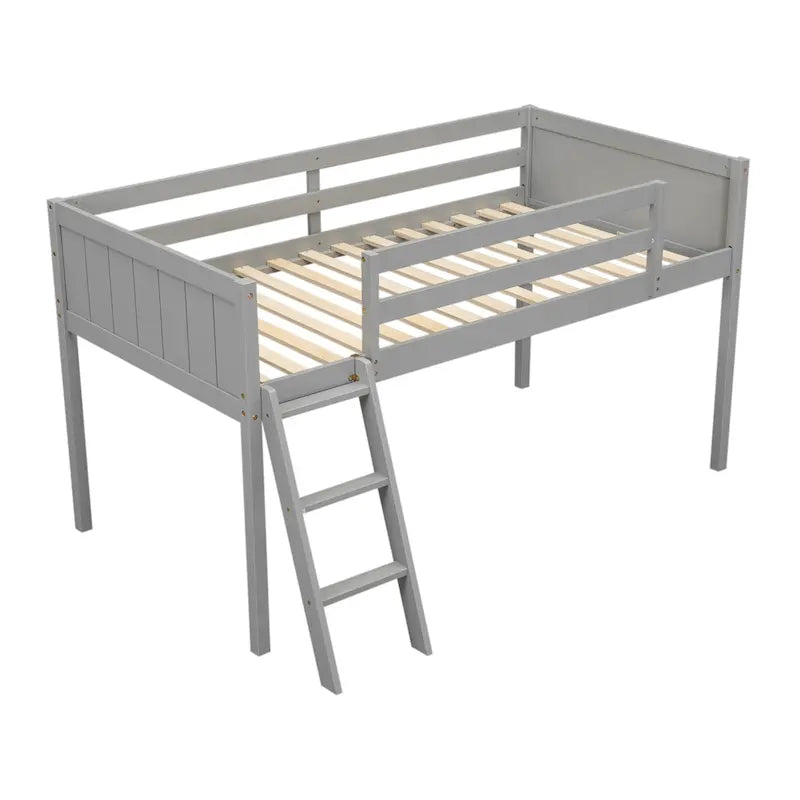 Gray Twin Size Solid Wood Low Loft Bed with Ladder and Fence Baffle, and Wood Slats Support for Bedroom