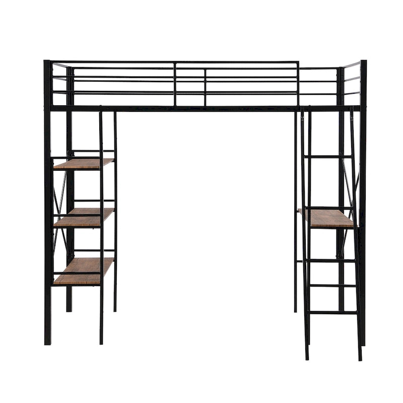 Twin Size Metal Loft Bed with Shelves and Desk for Kids
