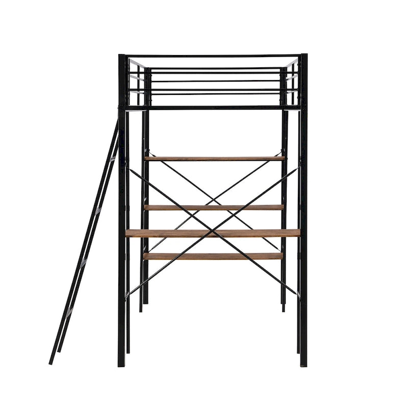 Twin Size Metal Loft Bed with Shelves and Desk for Kids